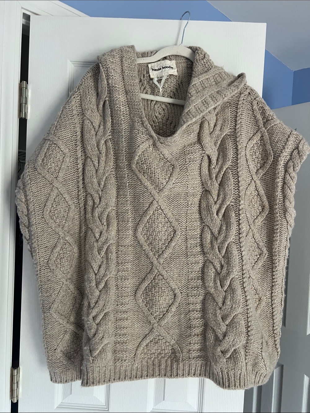 Hand-Knit Cable Hooded Poncho Sweater in Taupe by
